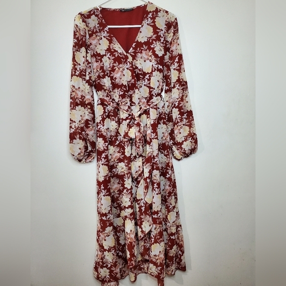 Womens Floral Boho Faux Wrap Midi Dress Size Small - Picture 4 of 16